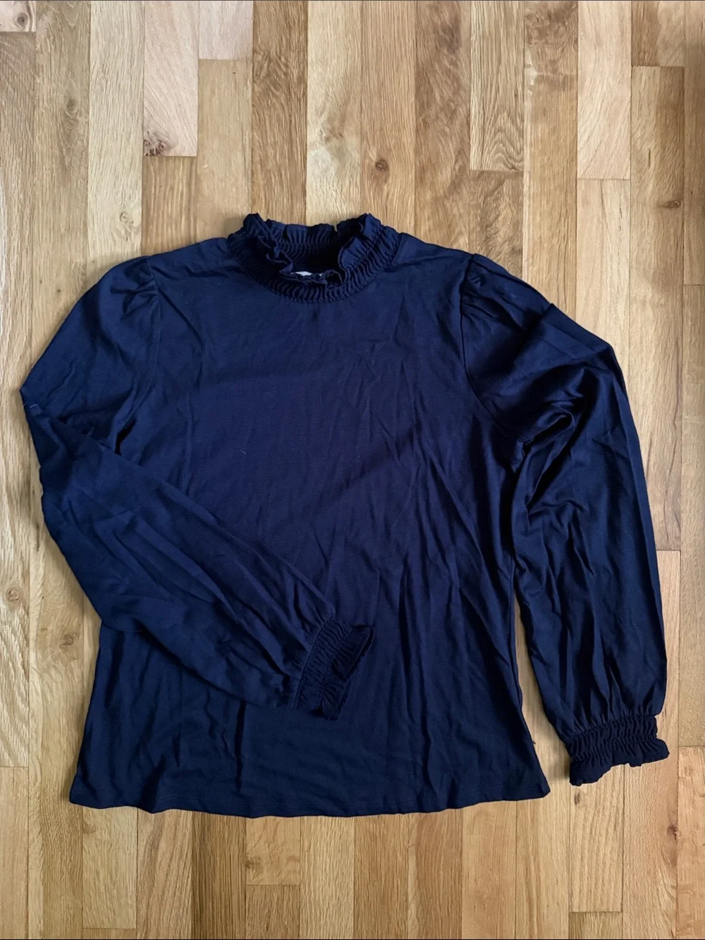 Boden Navy Long-Sleeve Ruffle Mock Neck Shirt